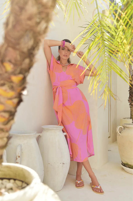 Lois Dress Mentawai Fuchsia/ oranje  leave print Hot Lava