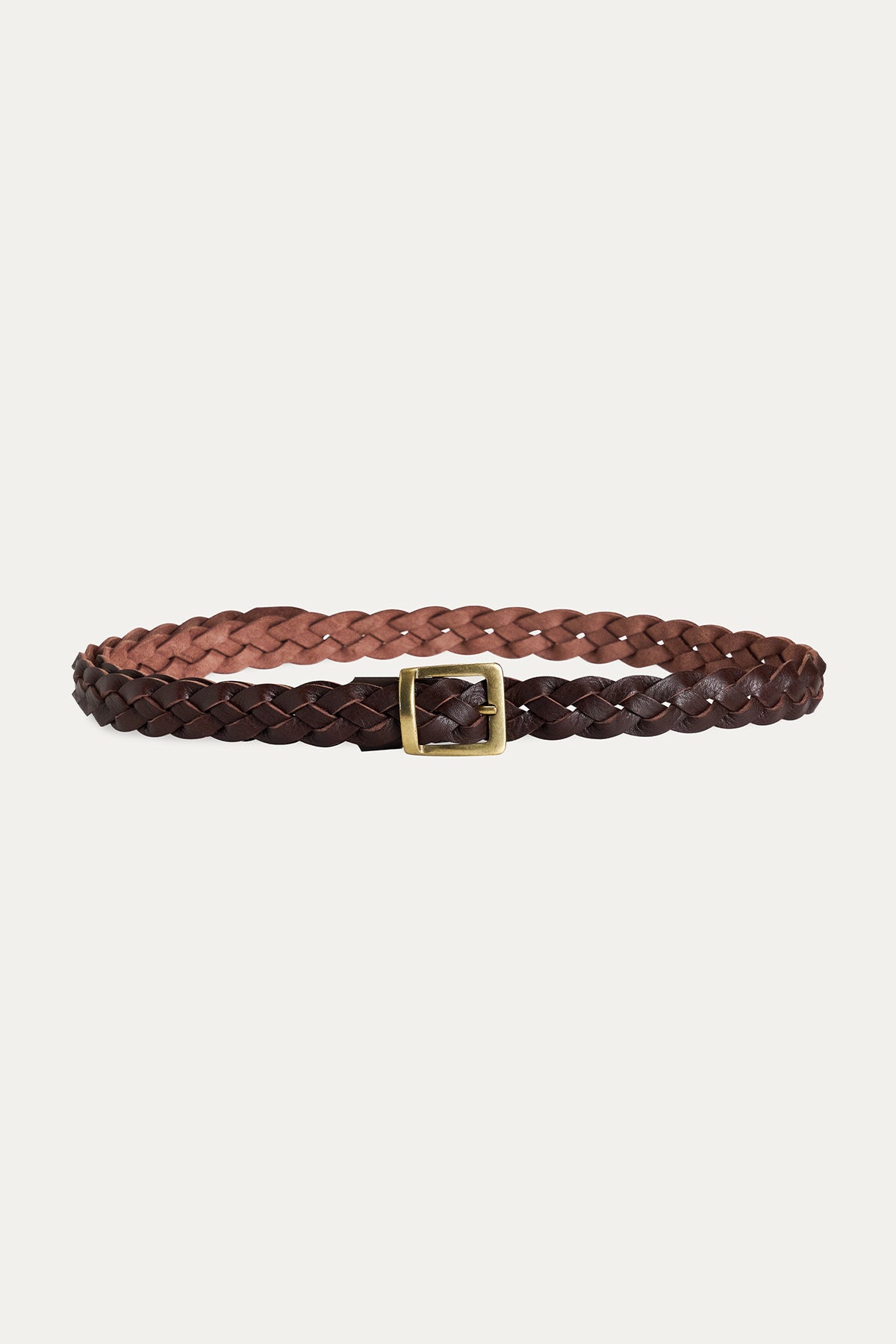 Bruine gevlochten riem met licht gouden vierkante gesp, verkocht door Estilo de Vida