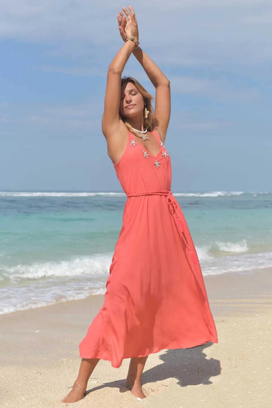 Starfash Dress van Hot lava - lange handgemaakte rayon jurk met verstelbare bandjes en kralen zeesterren op borst en rug, beachwear boho stijl