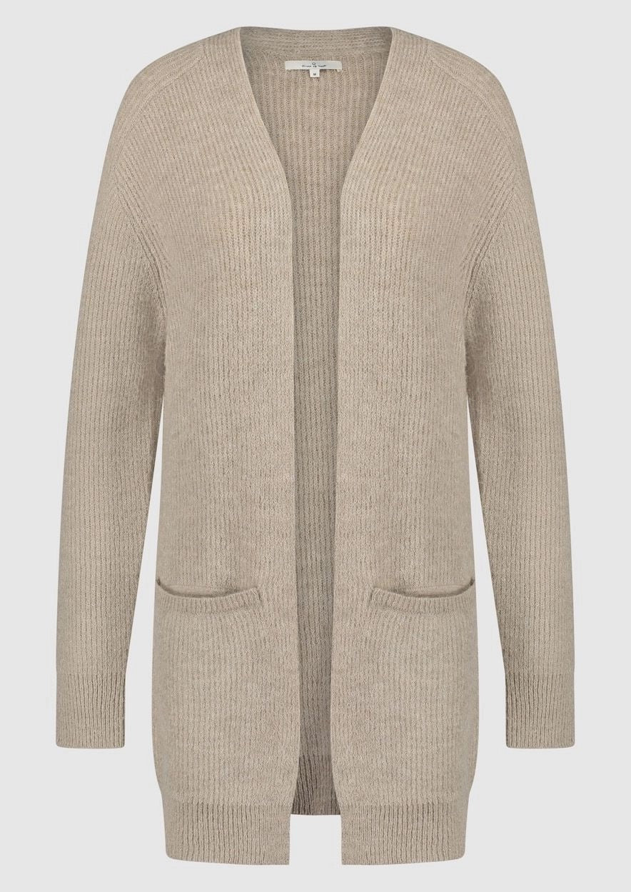 Halflange cardigan met open voorkant en steekzakken, perfect voor casual-chique gelaagde look.
