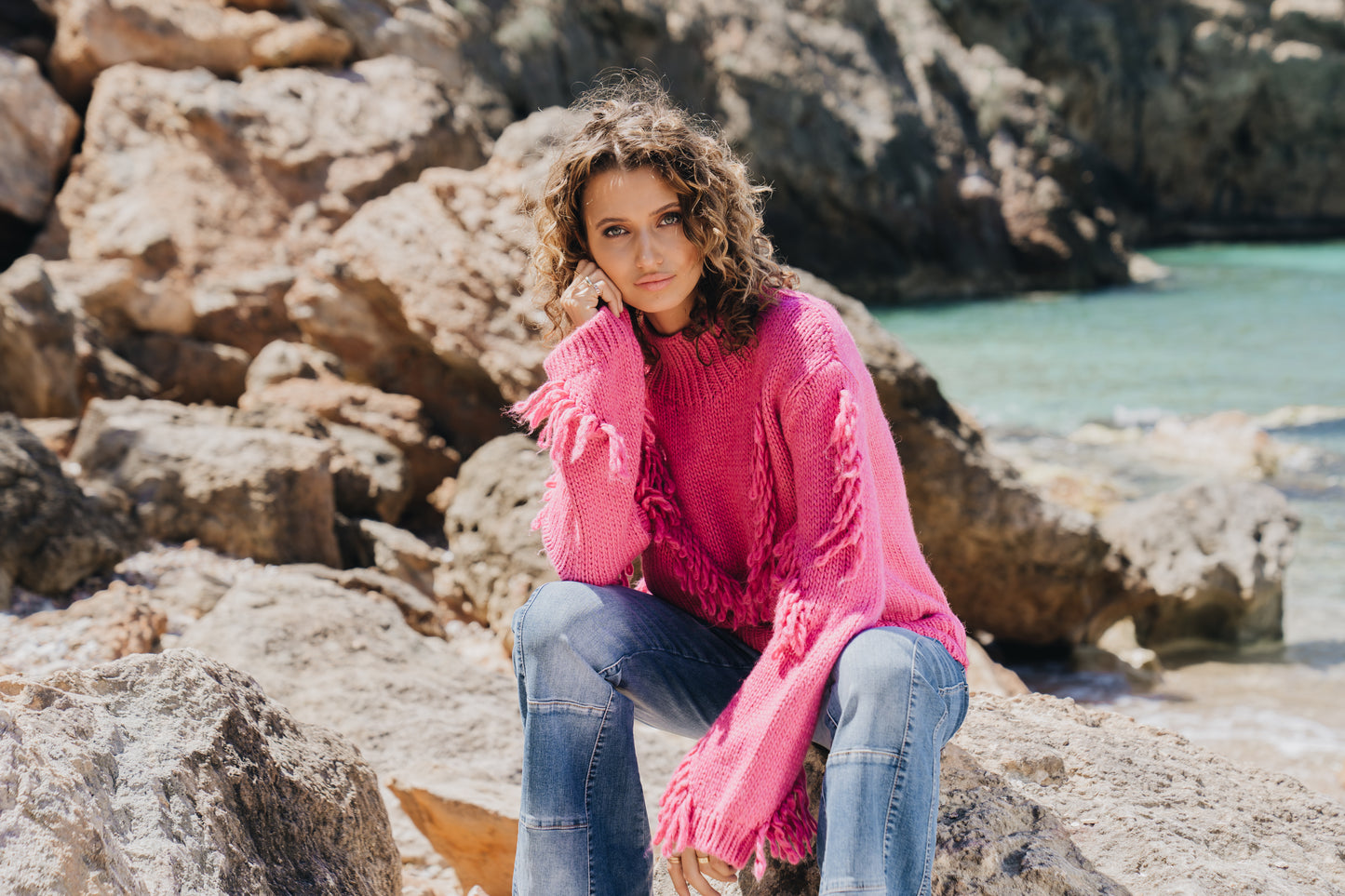 Knitted FRINGE Jumper Pink