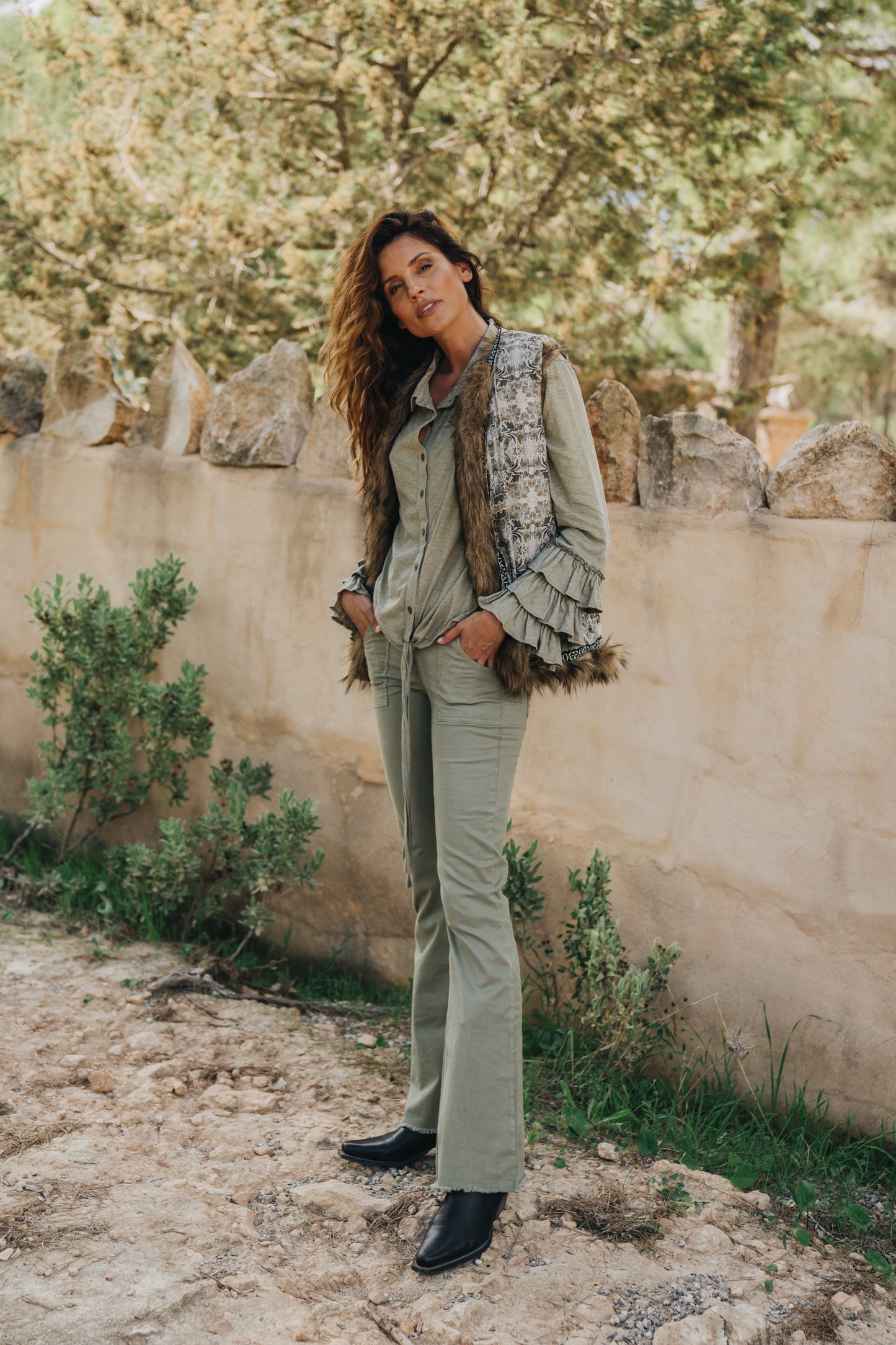 Flared Pants Fringe Army Green
