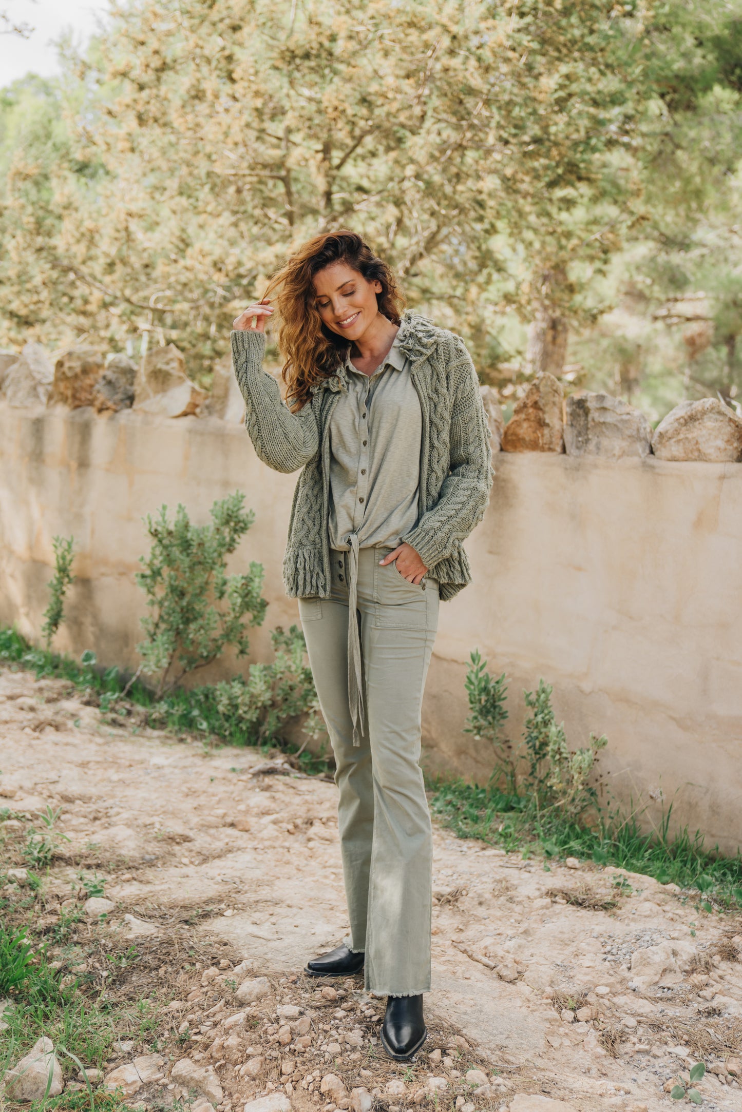 Flared Pants Fringe Army Green