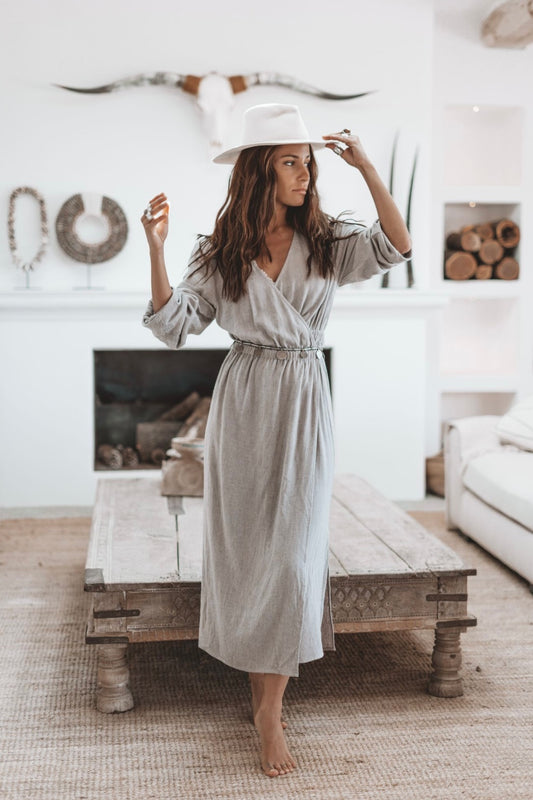 Helena Linen Wrap Dress Light Grey