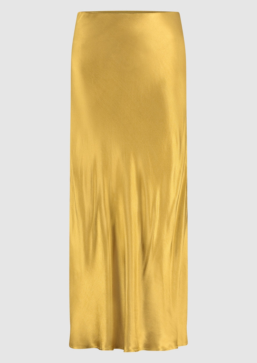 Monroe Skirt van Circle Of Trust. Glanzende lange rok in goud-bruine tint met elastische tailleband.